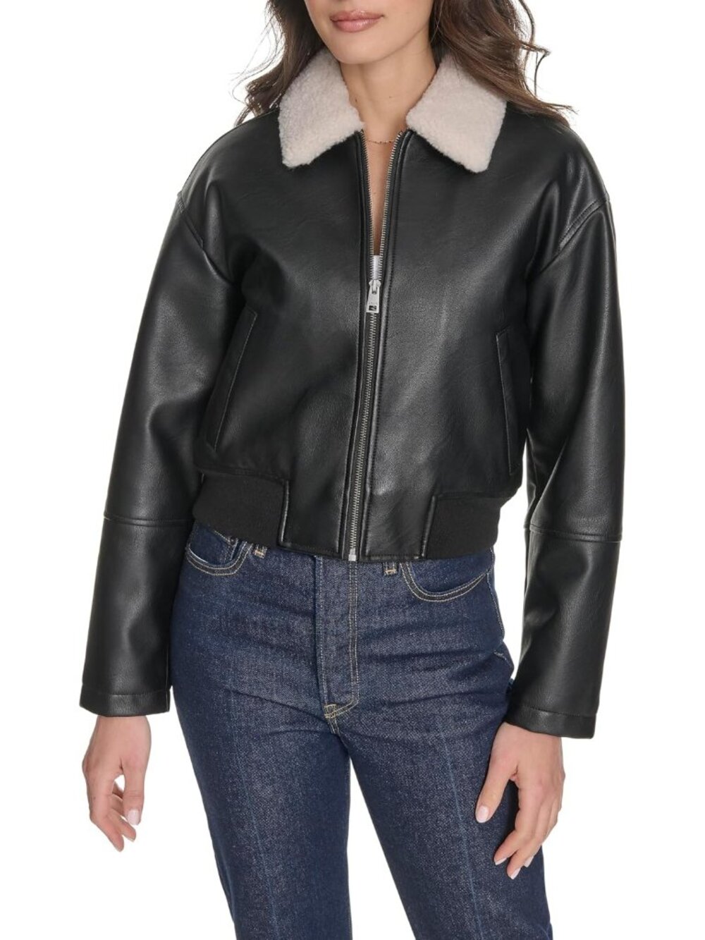 Women's Black Faux Leather Laydown Collar Two Hidden-Zipper Bomber Jackets